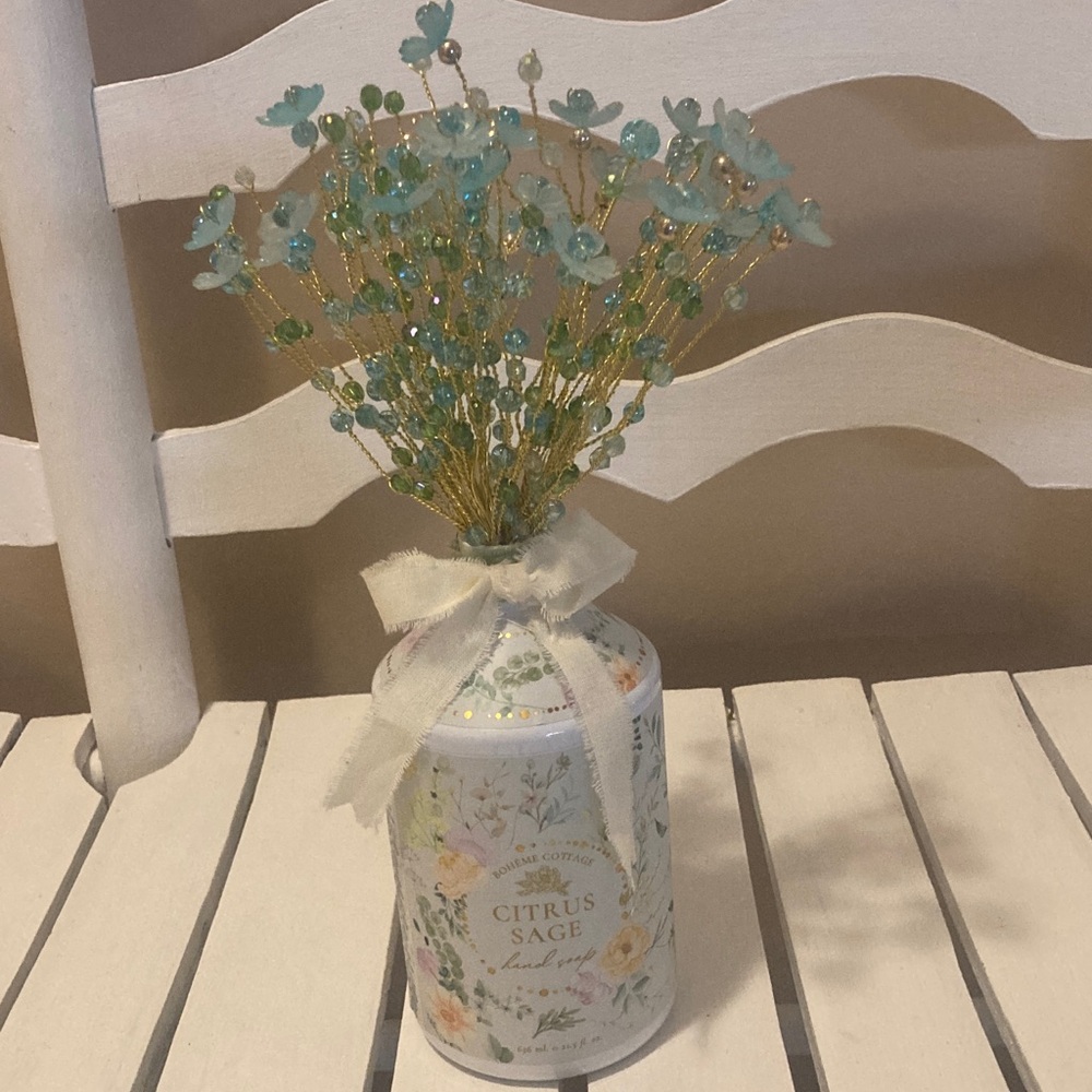 HANDMADE Spring Flower Arrangement with vase Blue Glass Beads Gold Wire Wrapped
